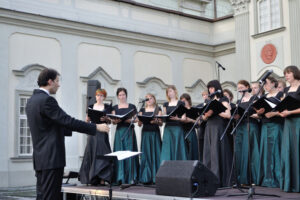 Music minister leading church choir