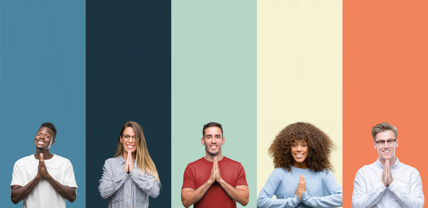 Different people praying in multicolor background