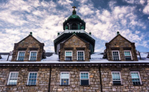 Outside seminary on a snowy winter day